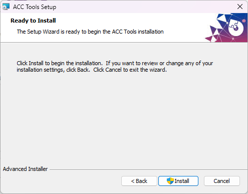 Ready to Install page of ACC Tools installer wizard