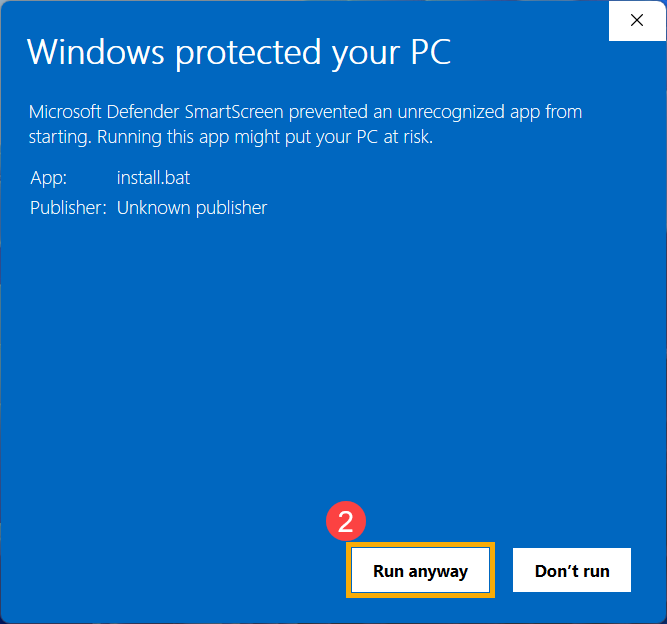 Windows protection dialog with Run Anyway button exposed